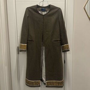 Gryphon green coat with gold stud embellishment.